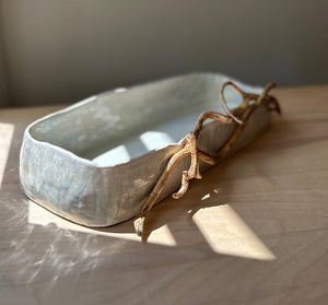Handbuilt Stoneware Dish with Attached Reclaimed Wood Accent