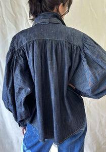 Organic Dark Denim Joan D'Arc Ruched Puff Sleeve Collared Button Shirt