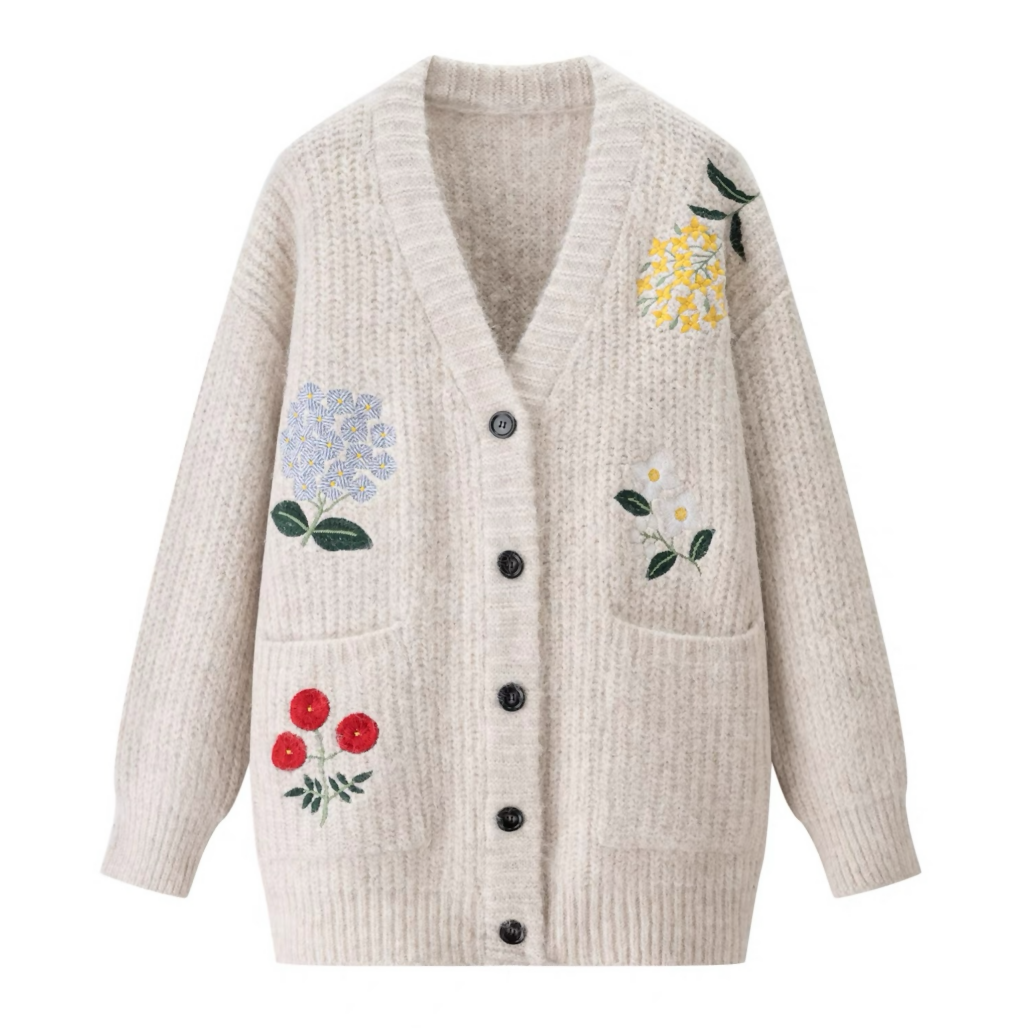 Camiis Artisan Floral Embroidery Oversized Wool-Blend Cardigan