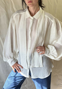 Cream Gauze Joan D'Arc Ruched Puff Sleeve Collared Button Shirt