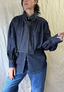 Organic Dark Denim Joan D'Arc Ruched Puff Sleeve Collared Button Shirt