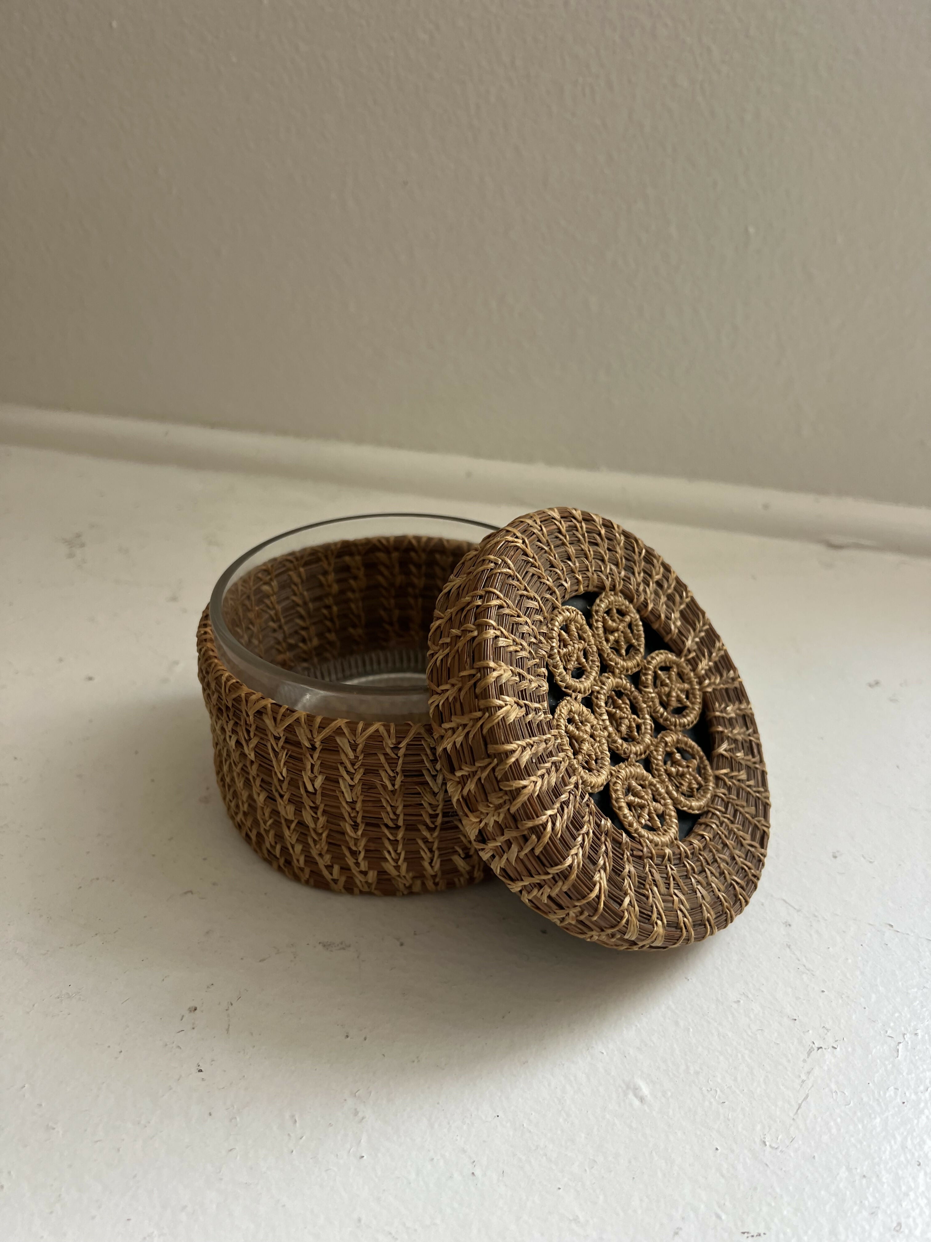 Vintage Rattan+Glass Lidded Bowl