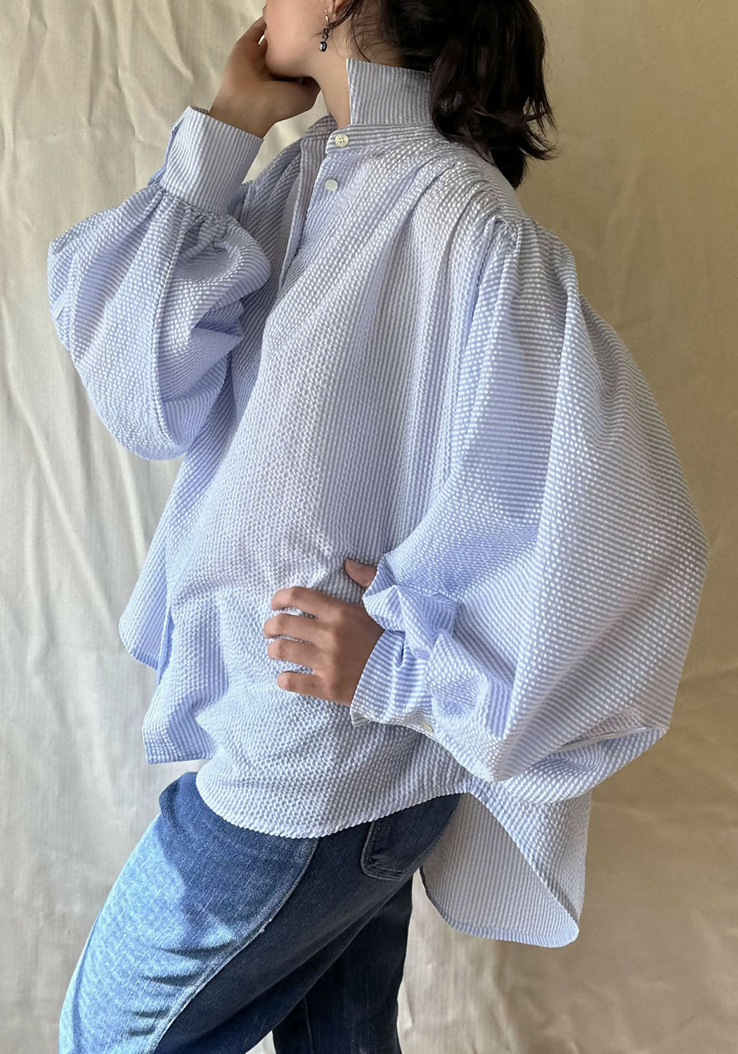 French Blue Stripes Joan D'Arc Ruched Puff Sleeve Collared Button Shirt