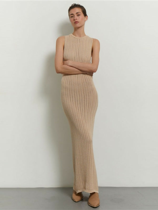 Sleeveless Open-Knit Midi Dress. Beige