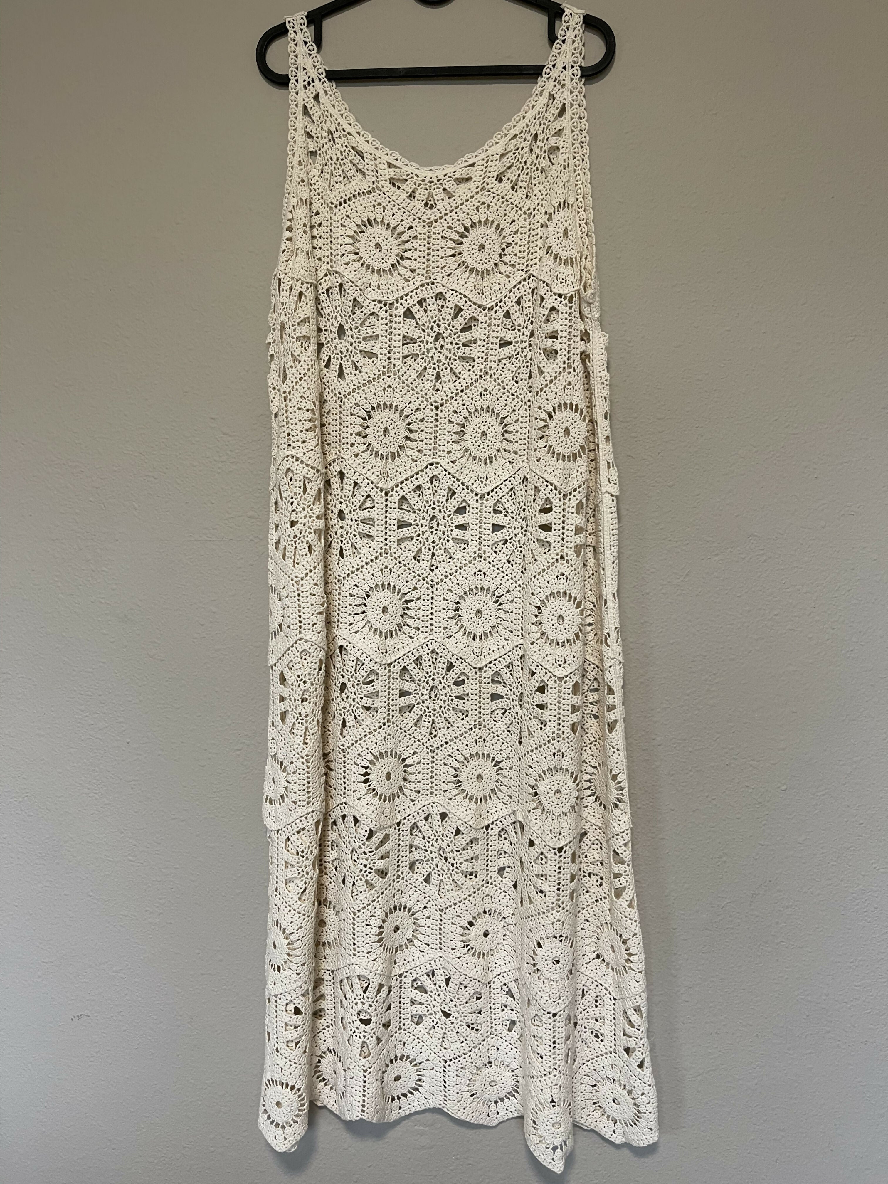 Cotton Crochet Knit Midi Dress .Natural