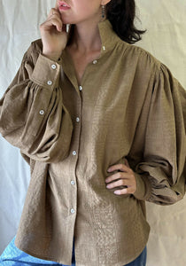 Embossed Cotton Marzipan Joan D'Arc Ruched Puff Sleeve Collared Button Shirt