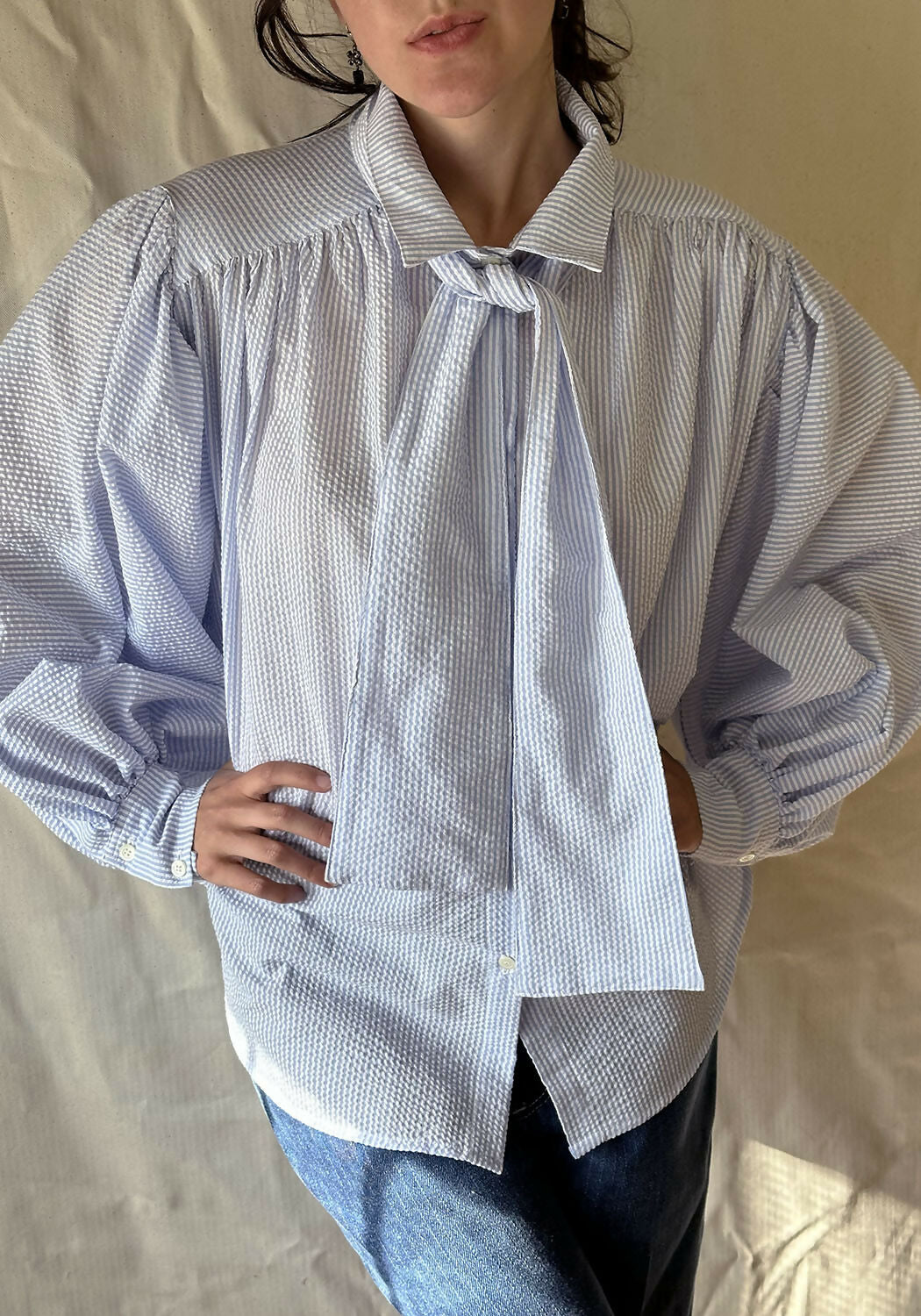 French Blue Stripes Joan D'Arc Ruched Puff Sleeve Collared Button Shirt