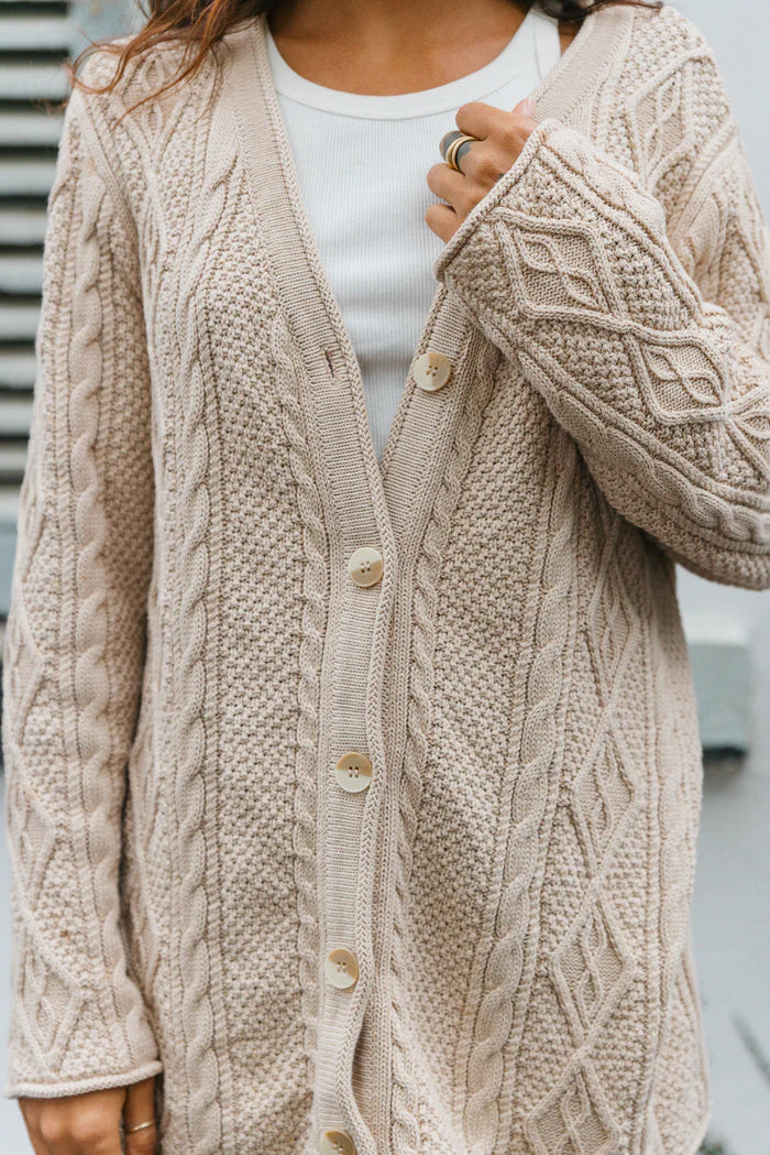 Cohen Unisex Cable Knit Cardigan - Beige