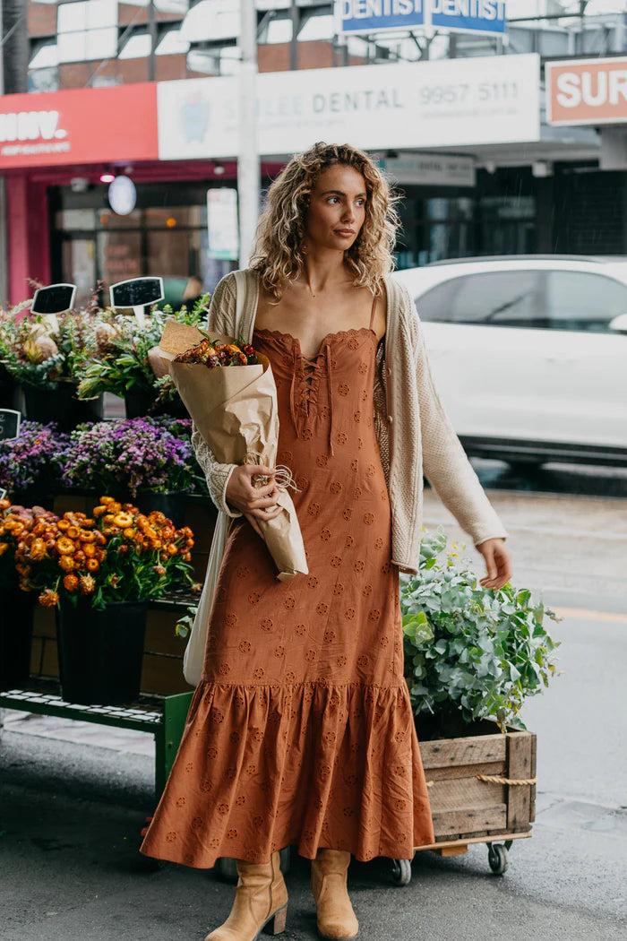 Maple Brown Embroidered Maxi Dress