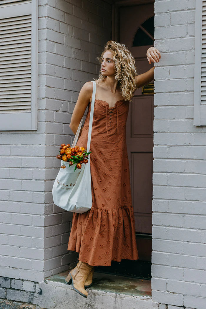 Maple Brown Embroidered Maxi Dress