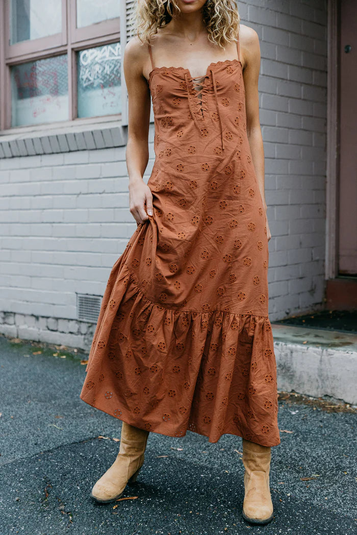 Maple Brown Embroidered Maxi Dress