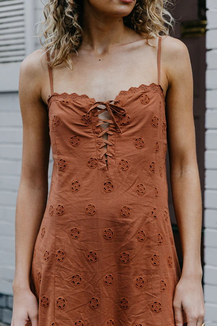 Maple Brown Embroidered Maxi Dress