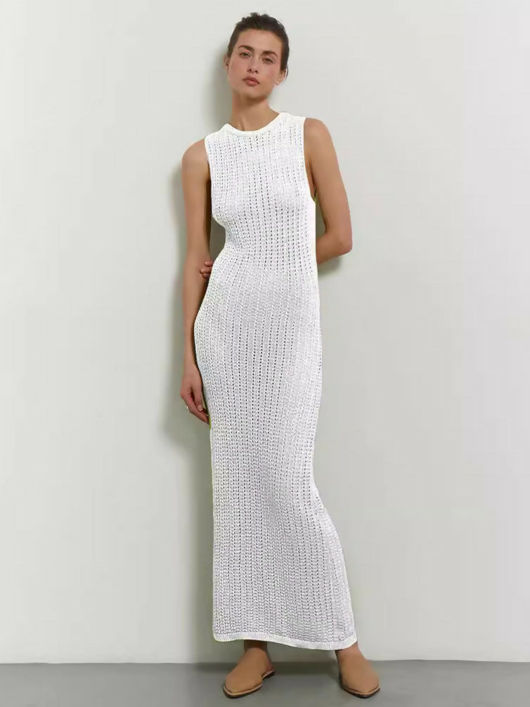 Sleeveless Open-Knit Midi Dress. White