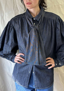 Organic Dark Denim Joan D'Arc Ruched Puff Sleeve Collared Button Shirt