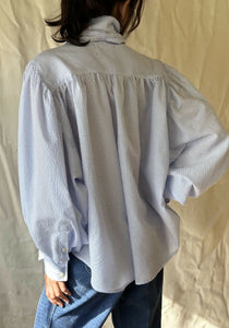 French Blue Stripes Joan D'Arc Ruched Puff Sleeve Collared Button Shirt