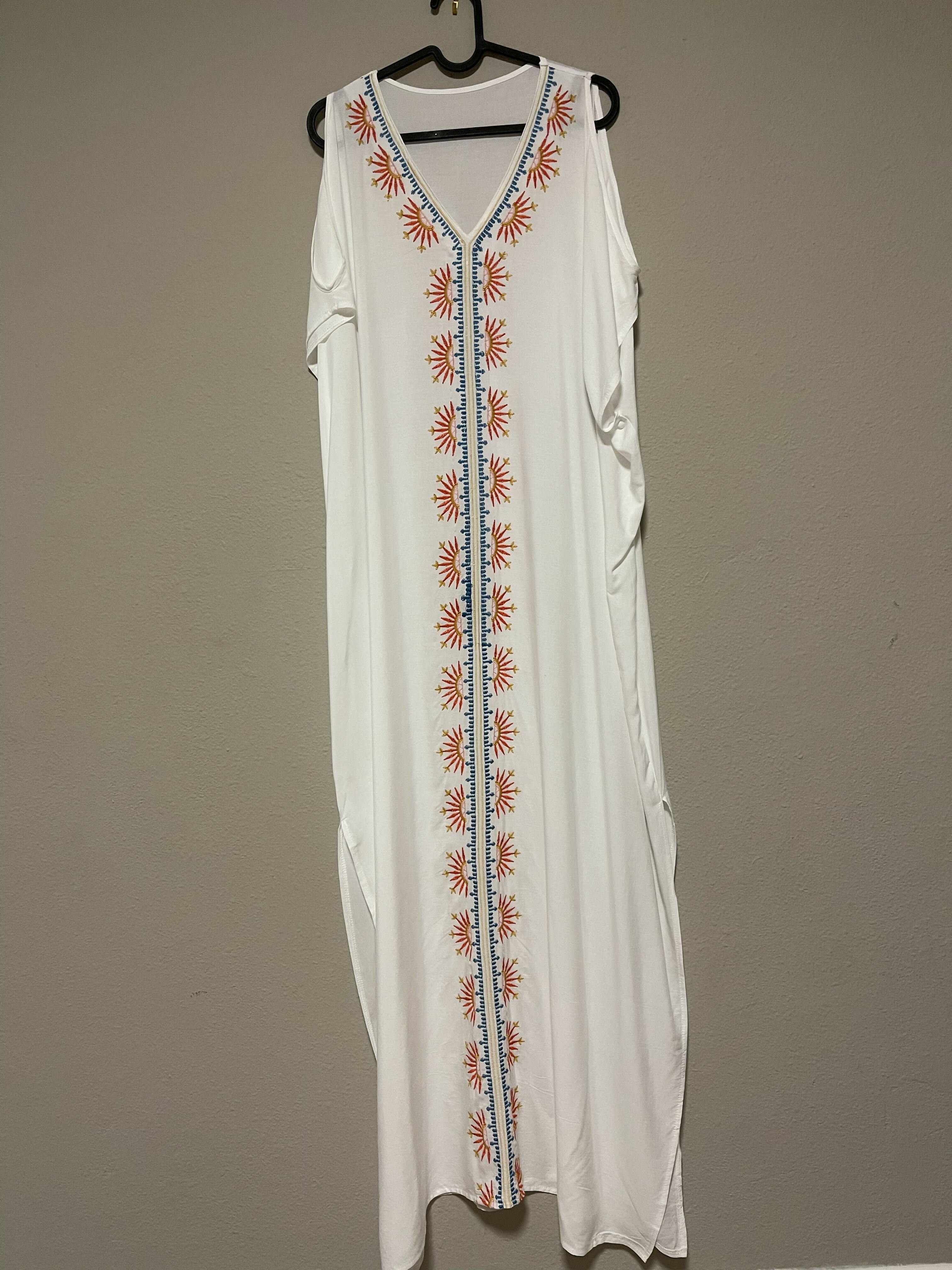 Embroidered Short Sleeve Beach Long Dress Swimsuit Cover Up. White