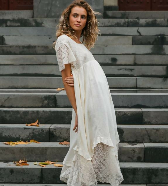 chinese dress ladies ZAPAKA Women White 2-Piece Boho Maxi Dress Lace Mermaid Flutter Sleeves Off The Shoulder Bridal Dress, White / AU12
