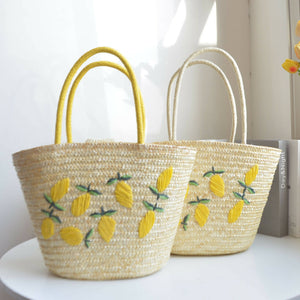 Lemon Embroidered Seagrass Straw Basket Tote Beach Bag #8