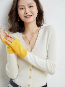 Wool Blend Cardigan with Color-blocked Cuff Design #5