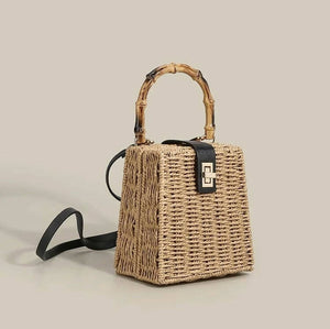 Bamboo Handle Woven Straw Box Bag #26