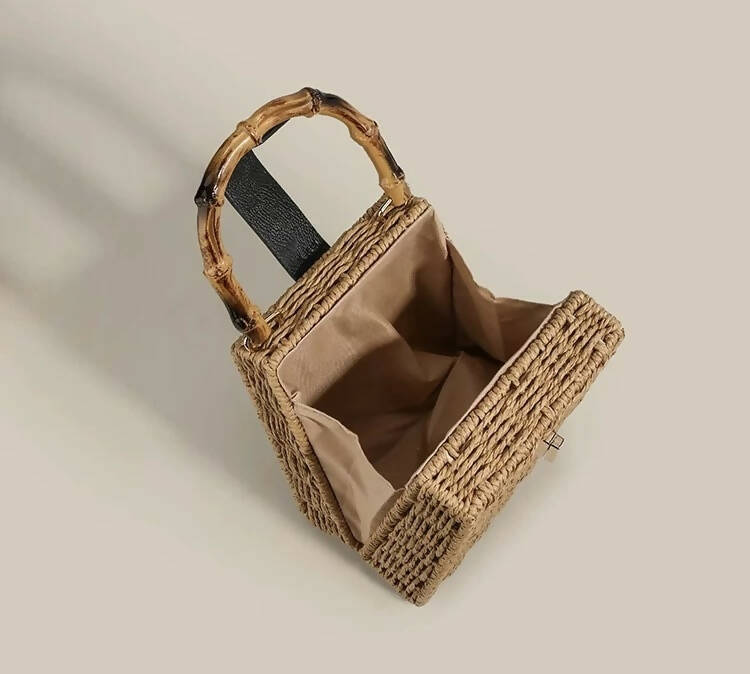 Bamboo Handle Woven Straw Box Bag #26