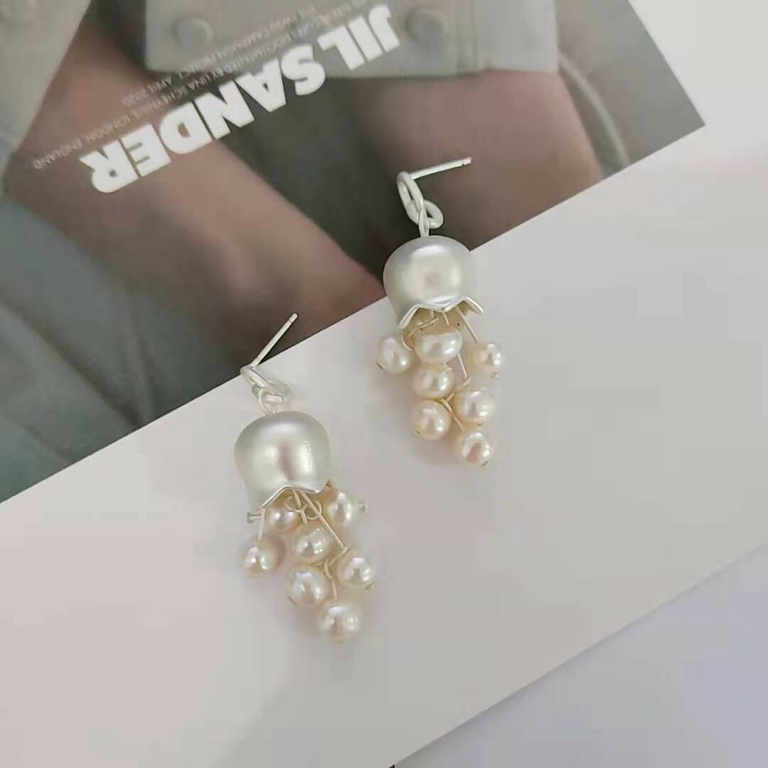 Bush lily-shaped Matte Silver-plated Earrings with Natural Freshwater Pearls Pendant #2