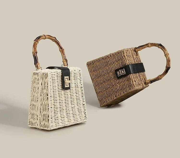 Bamboo Handle Woven Straw Box Bag 26