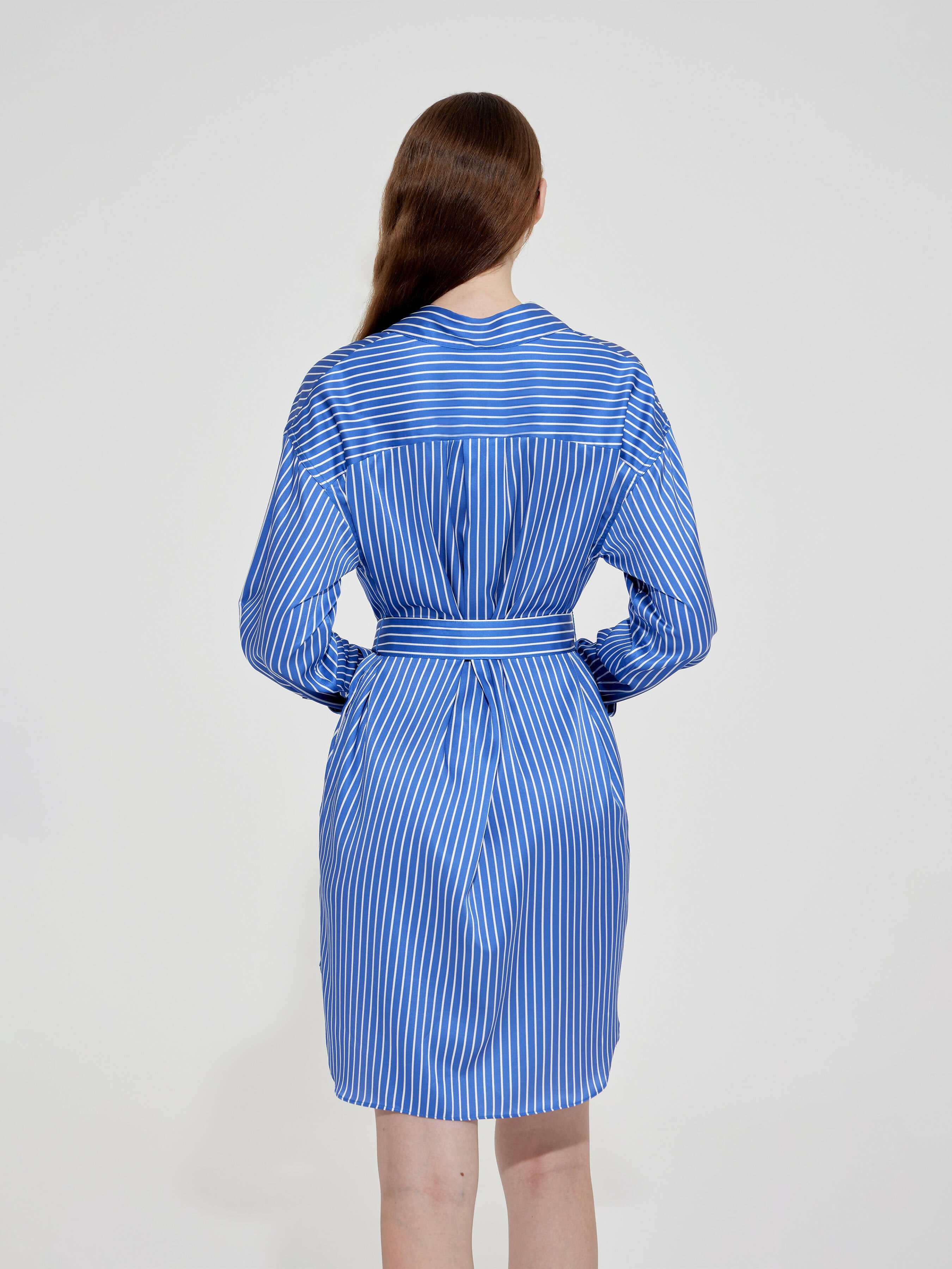 Silk Striped Shirt Dress Blue and White