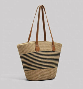 Striped Straw Tote Bag with Leather Belt #17