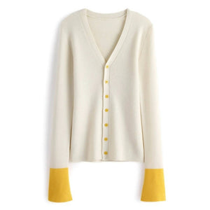 Wool Blend Cardigan with Color-blocked Cuff Design #5