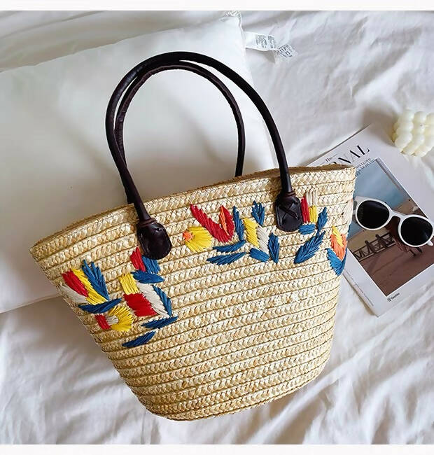 Embroidered Seagrass Straw Basket Tote Beach Bag #9