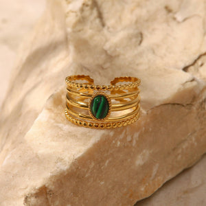 18K Gold-Plated Adjustable Spiral Ring with Natural Malachite #42