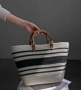 Cotton Woven Beige and Black Striped Straw Tote Bamboo Handle #6