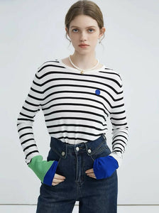 Stripe Boatneck Lightweight Breathable Knitted Top with Color-blocked Cuff Design #6