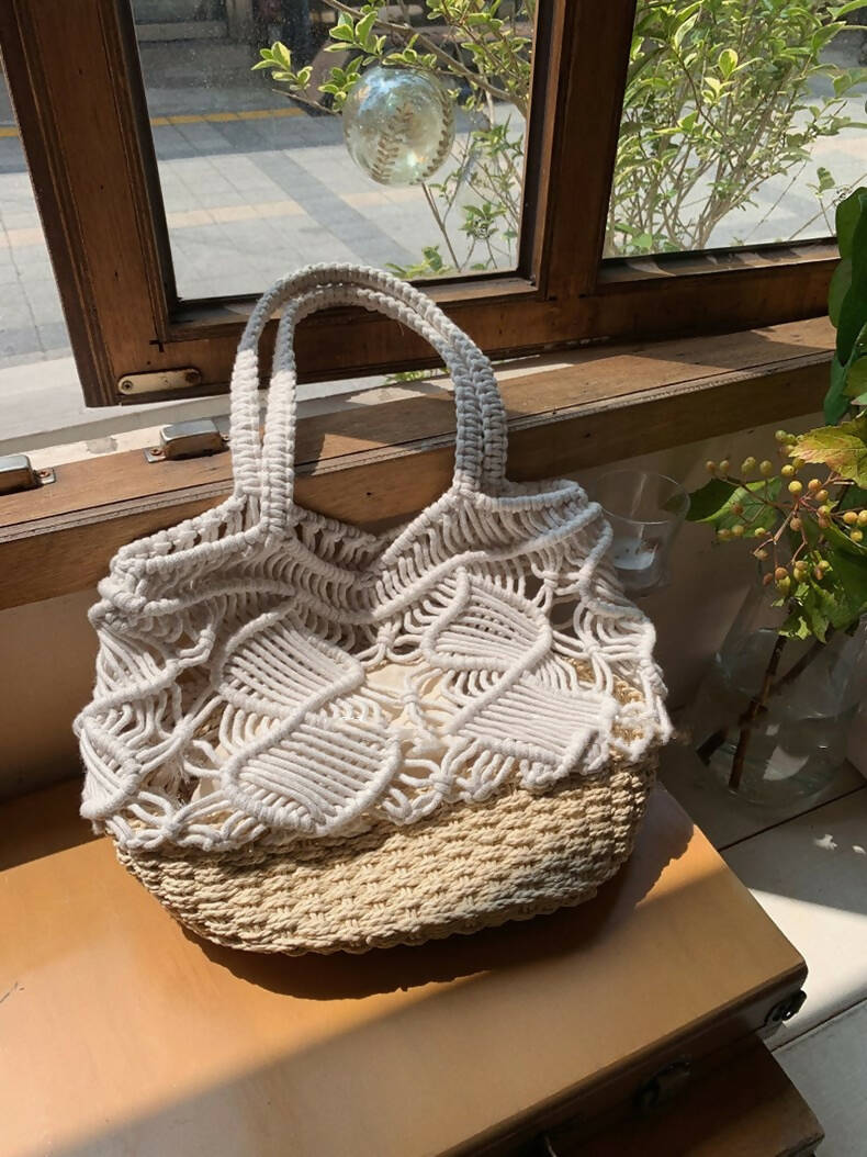 Macrame Bag with Wooden Woven Base #22