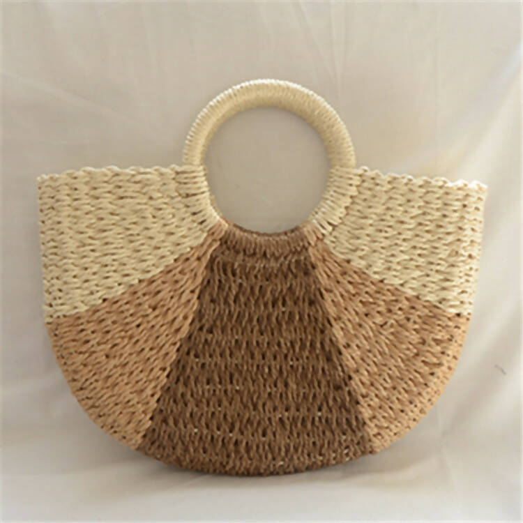 Natural Color Patchwork Handheld Straw Tote Handbag #2