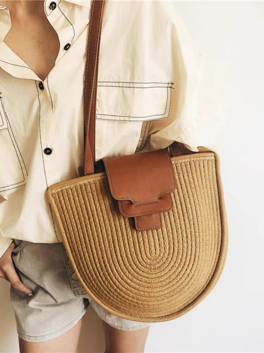 Cotton Woven Shoulder Bag with Leather Belt #16
