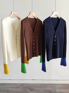 Wool Blend Cardigan with Color-blocked Cuff Design #5