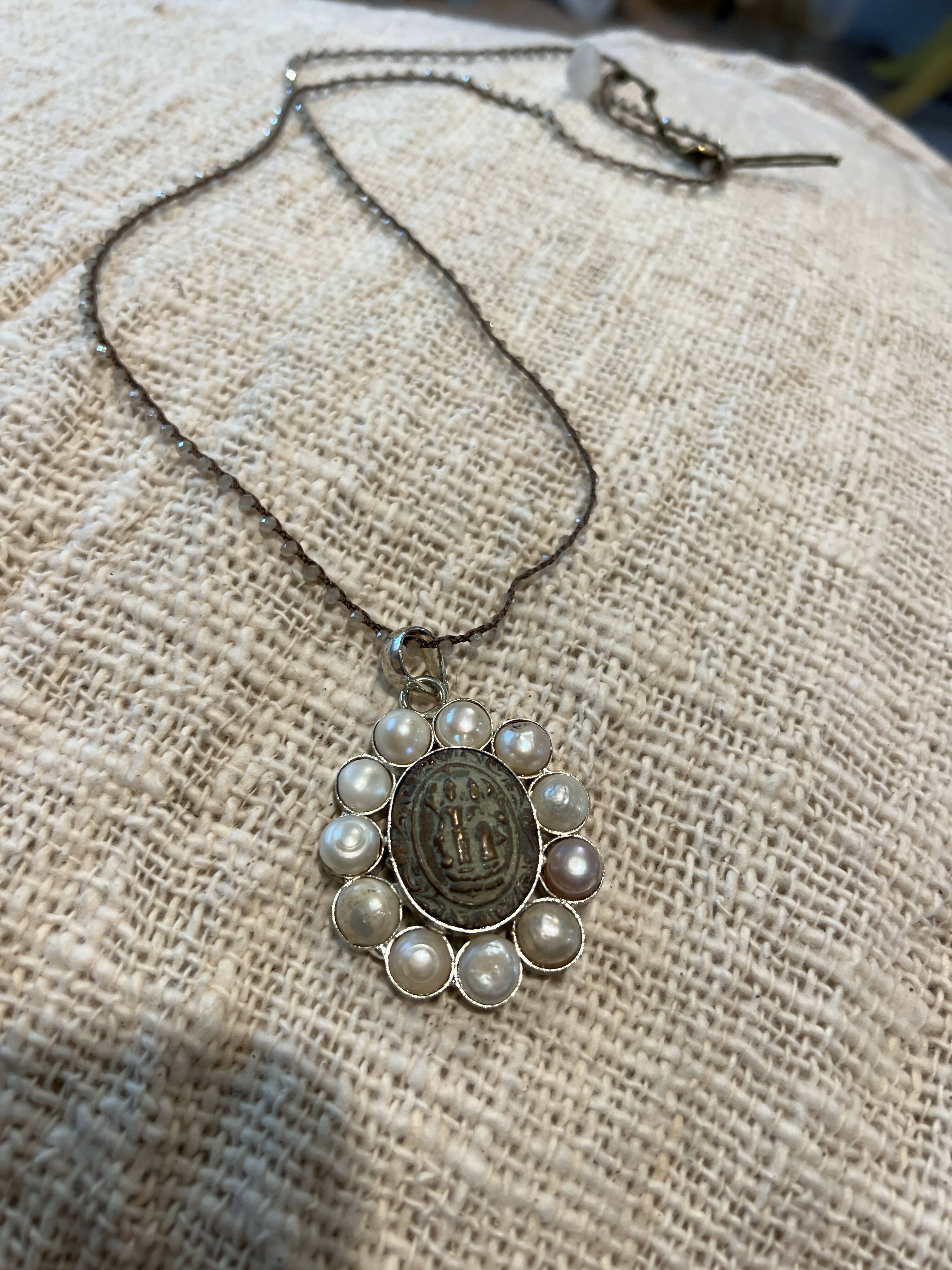 Moonstone and pearl vintage medallion necklace
