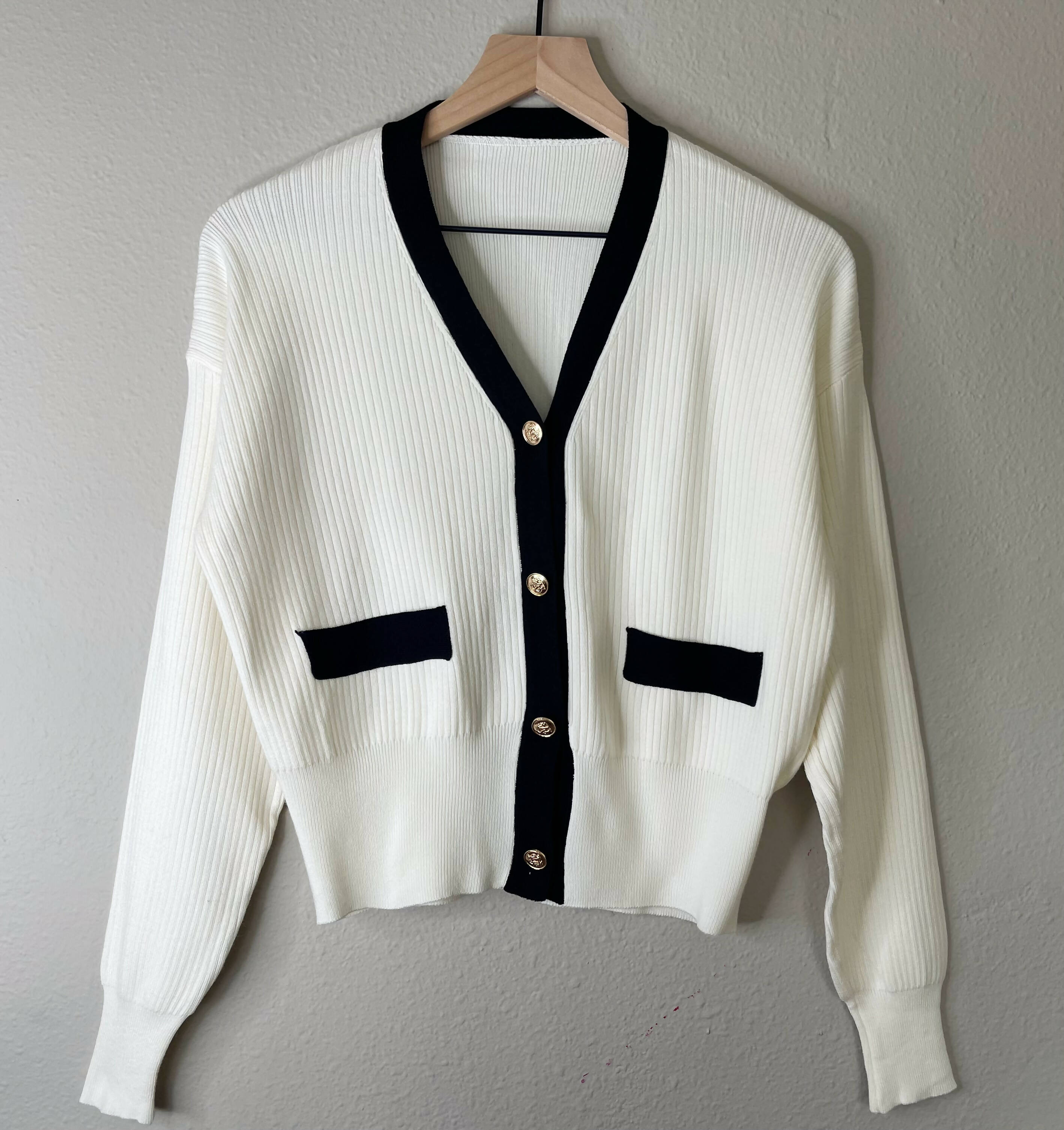 Knitted Contrast Trim Cardigan (Black and White)