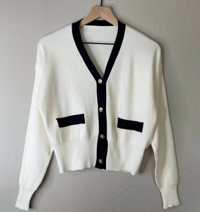 Knitted Contrast Trim Cardigan (Black and White)