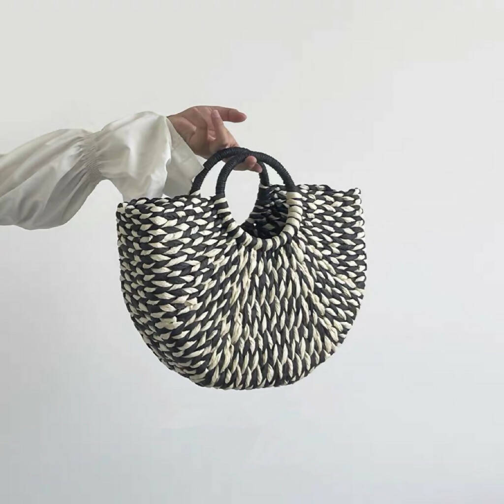 Black and Natural Handheld Straw Tote Handbag #1