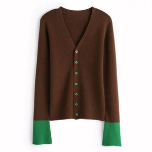 Wool Blend Cardigan with Color-blocked Cuff Design #4