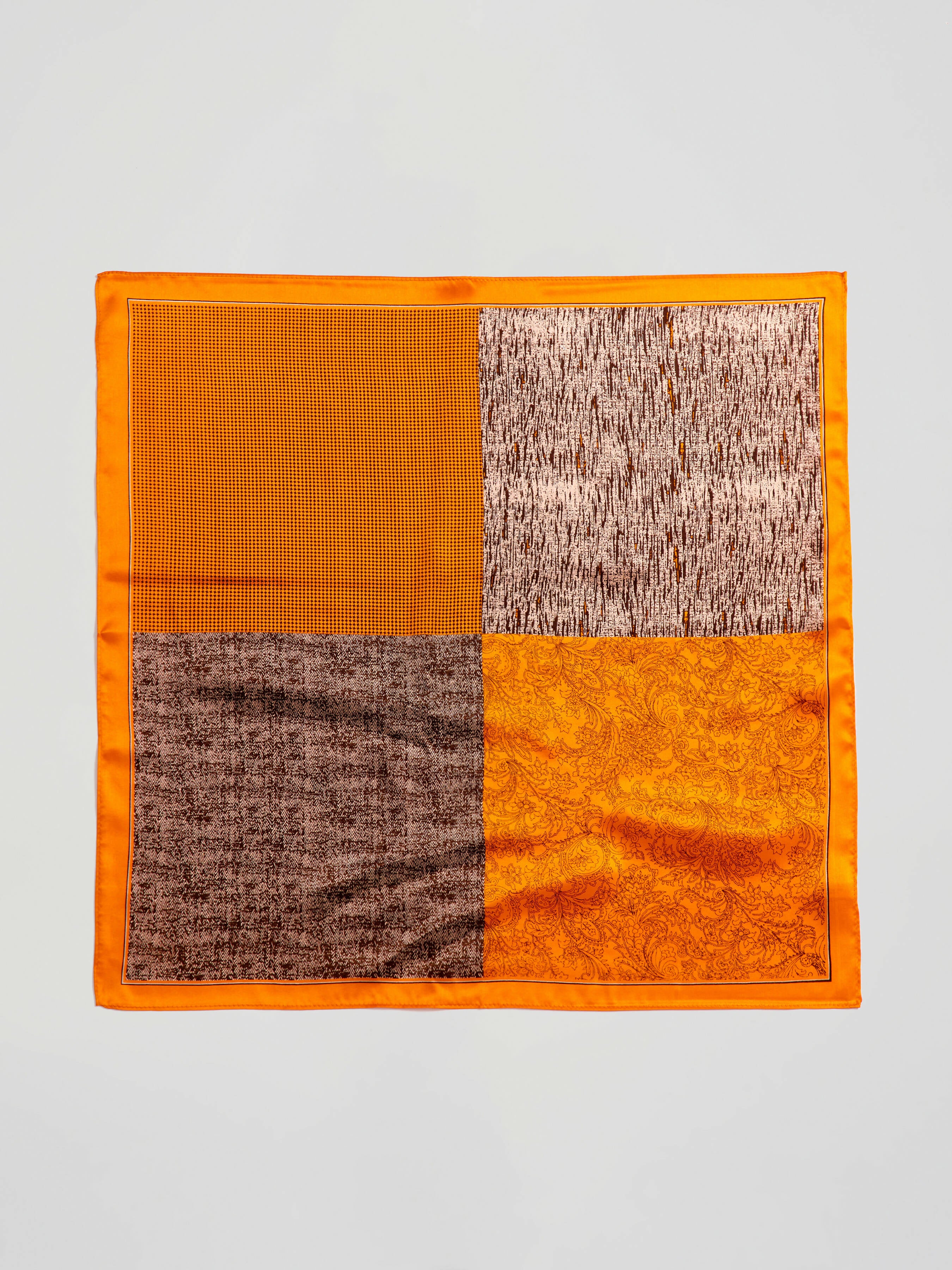 Patchwork style Printed Silk Square Scarf Tangerine & Mocha 1