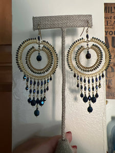 MP handmade Gold Plated Czechoslovakian beaded Earrings Iridescent, blue, double hoop, chandelier