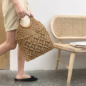 Handmade Macrame Bag with Wooden Handle/Cotton Thread Woven Handbag #20